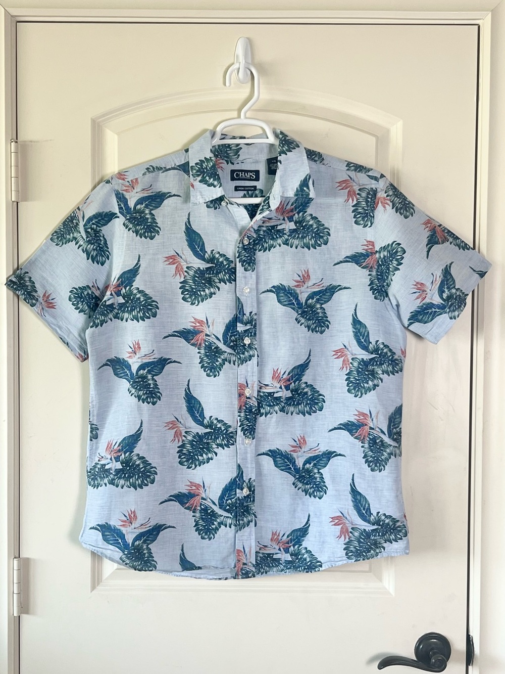 Chaps Men’s Large Linen Blend Tropical Floral Hawaiian Short Sleeve Button Down